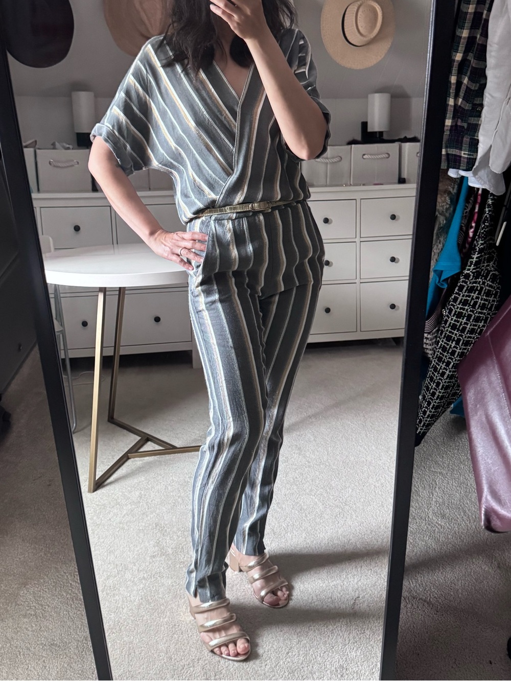 Maje Striped V-Neck Jumpsuit in Light grey with gold and white stripes